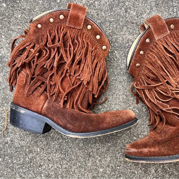 Vintage little girls brown suede leather fringe cowgirl boots with studded edge