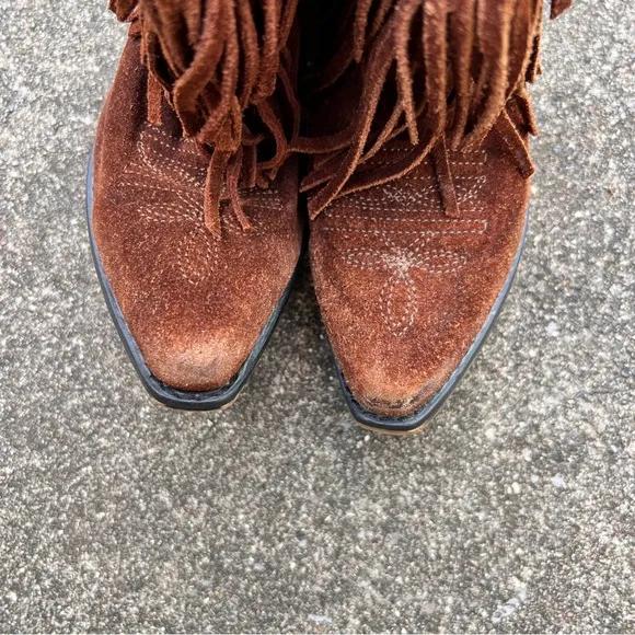 Vintage little girls brown suede leather fringe cowgirl boots with studded edge