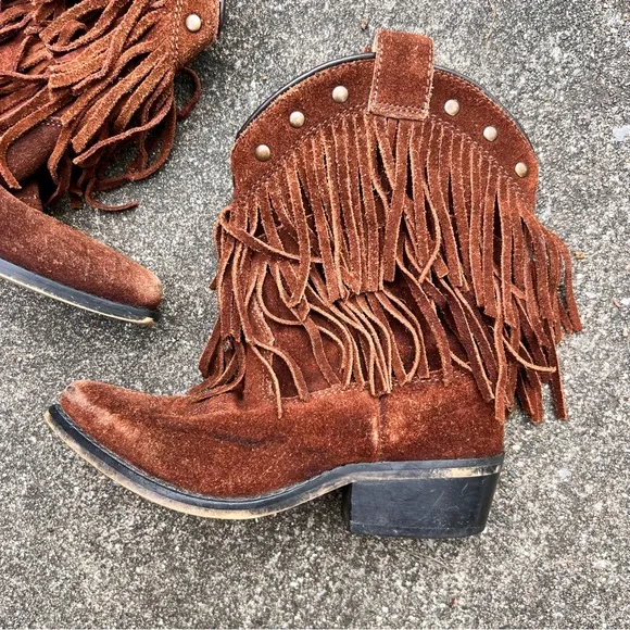 Vintage little girls brown suede leather fringe cowgirl boots with studded edge