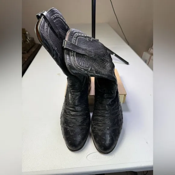 Vintage Lucchese 2000 Black Ostrich Smooth Quill Roper Exotic Boots Size 10.5 EE