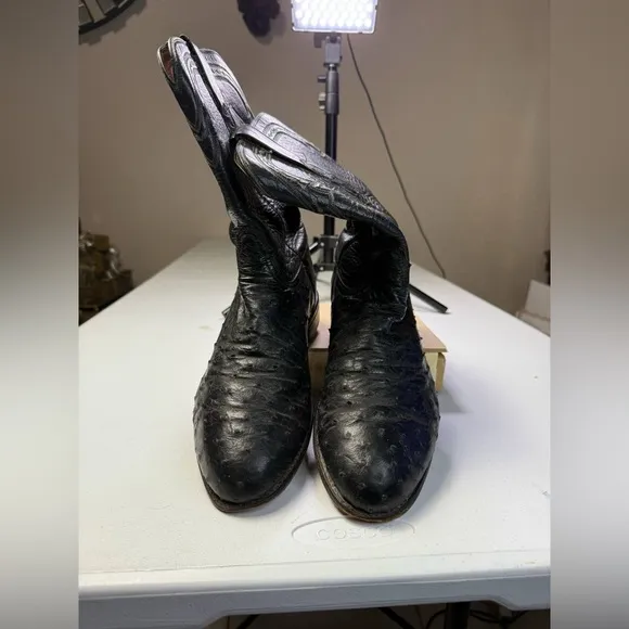 Vintage Lucchese 2000 Black Ostrich Smooth Quill Roper Exotic Boots Size 10.5 EE