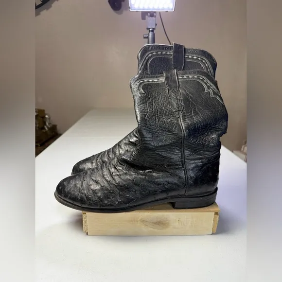 Vintage Lucchese 2000 Black Ostrich Smooth Quill Roper Exotic Boots Size 10.5 EE