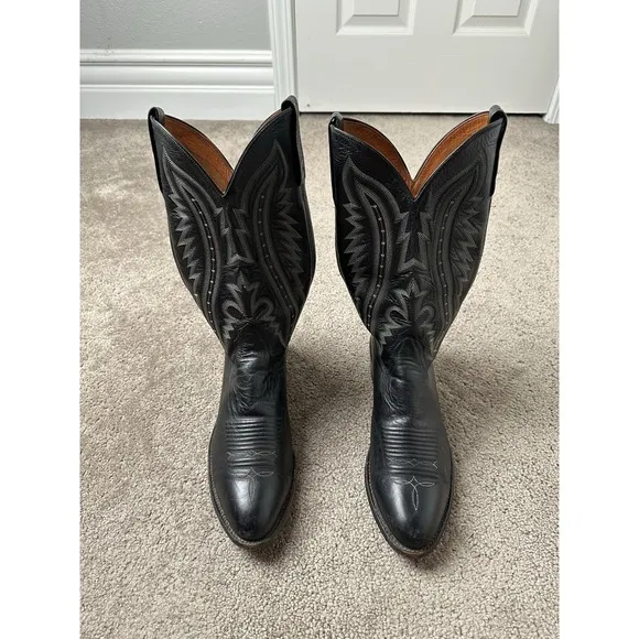 VINTAGE Mens 90s LUCCHESE T3010R4 BLACK LEATHER COWBOY BOOTS, Size US 10