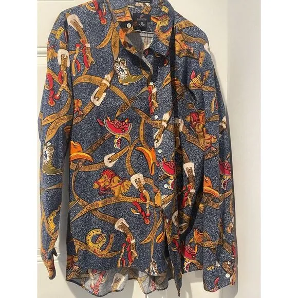 Vintage Men's Daniel Hechter Wild West AOP Button Down Sz‎ XL Cowboy Horse Boots