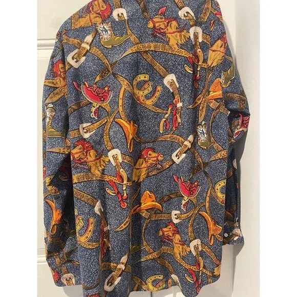 Vintage Men's Daniel Hechter Wild West AOP Button Down Sz‎ XL Cowboy Horse Boots