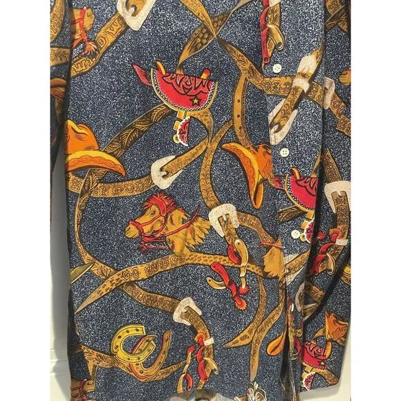 Vintage Men's Daniel Hechter Wild West AOP Button Down Sz‎ XL Cowboy Horse Boots