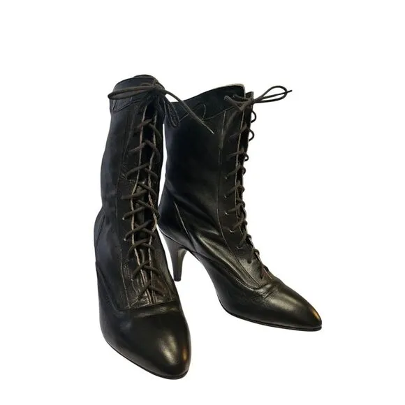 Vintage New Black Leather Ankle Boots Heels‎ Siamanto Size 5