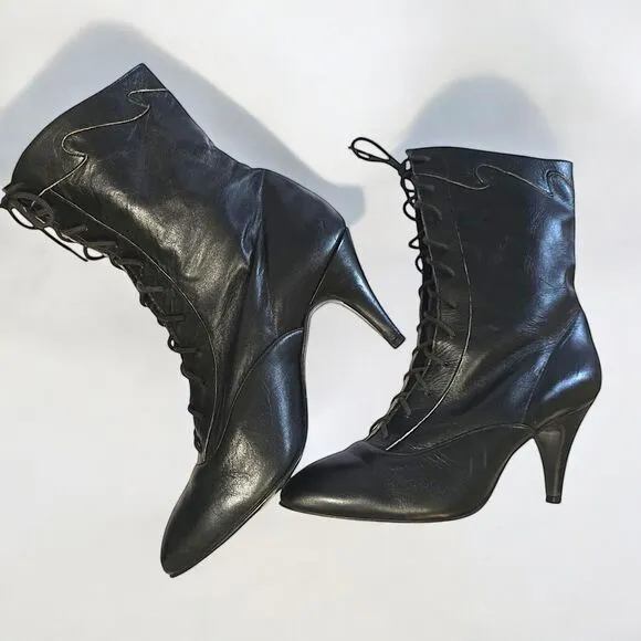 Vintage New Black Leather Ankle Boots Heels‎ Siamanto Size 5