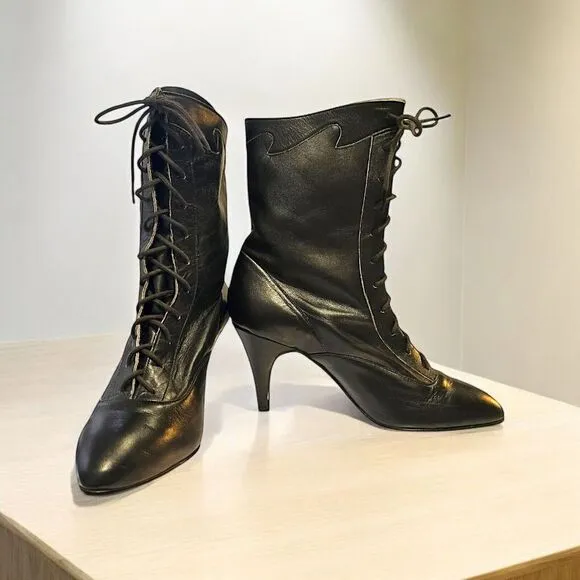 Vintage New Black Leather Ankle Boots Heels‎ Siamanto Size 5