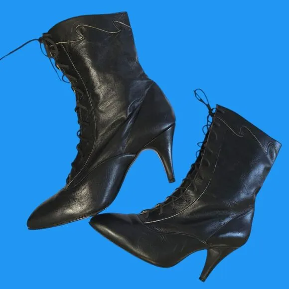 Vintage New Black Leather Ankle Boots Heels‎ Siamanto Size 5