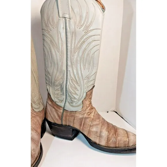 Vintage Nocona Boots 4.5 C Eel Skin Light Blue Cream Western Cowboy  Girls
