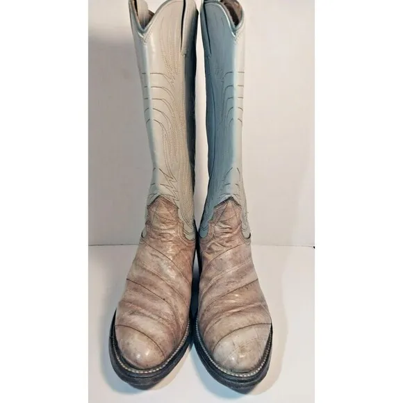 Vintage Nocona Boots 4.5 C Eel Skin Light Blue Cream Western Cowboy  Girls
