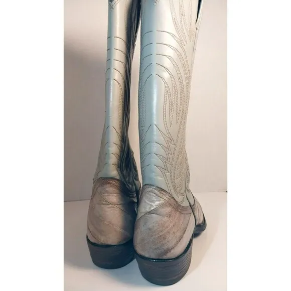 Vintage Nocona Boots 4.5 C Eel Skin Light Blue Cream Western Cowboy  Girls