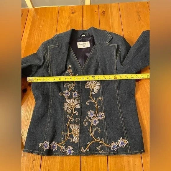 Vintage Pamela McCoy Women's Denim Floral Boho Chic Embroidered Floral Blazer M