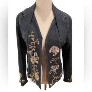 Vintage Pamela McCoy Women's Denim Floral Boho Chic Embroidered Floral Blazer M