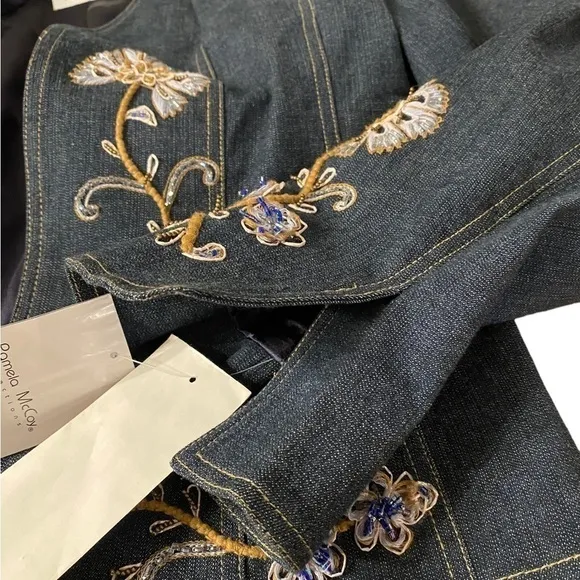 Vintage Pamela McCoy Women's Denim Floral Boho Chic Embroidered Floral Blazer M
