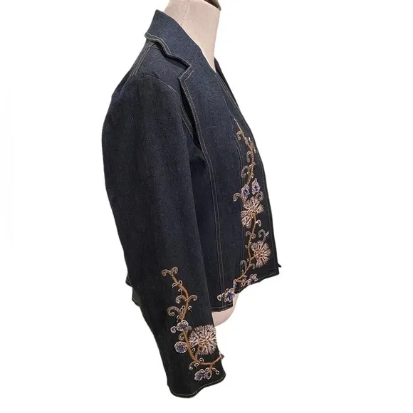 Vintage Pamela McCoy Women's Denim Floral Boho Chic Embroidered Floral Blazer M