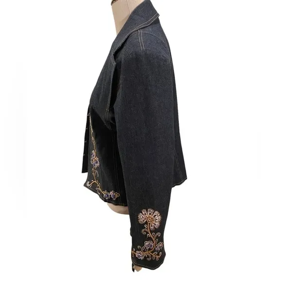 Vintage Pamela McCoy Women's Denim Floral Boho Chic Embroidered Floral Blazer M
