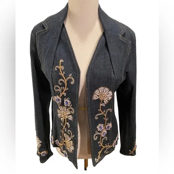 Vintage Pamela McCoy Women's Denim Floral Boho Chic Embroidered Floral Blazer M