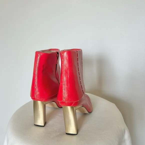 Vintage Red Leather Square Toe Gold Studded Fold Over Bootie