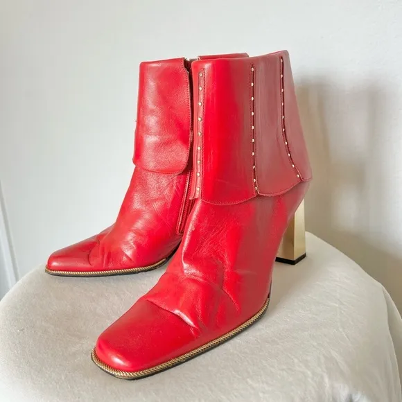 Vintage Red Leather Square Toe Gold Studded Fold Over Bootie