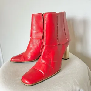 Vintage Red Leather Square Toe Gold Studded Fold Over Bootie