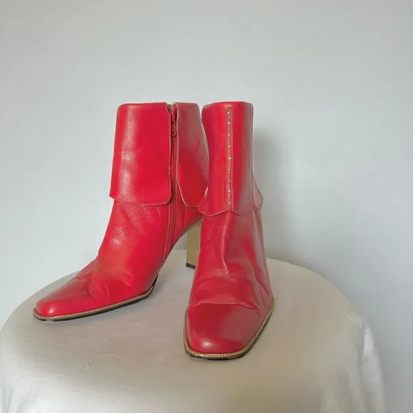Vintage Red Leather Square Toe Gold Studded Fold Over Bootie