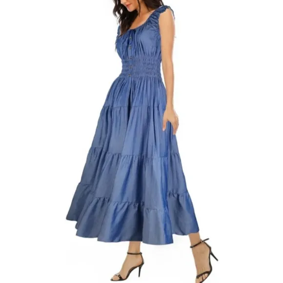 Vintage Retro Sky Blue Tiered Maxi Prairie Dress 50s 60s Gingham Plaid Long New
