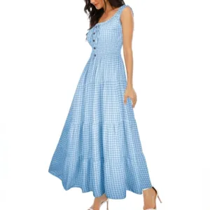 Vintage Retro Sky Blue Tiered Maxi Prairie Dress 50s 60s Gingham Plaid Long New