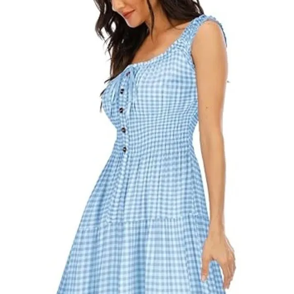 Vintage Retro Sky Blue Tiered Maxi Prairie Dress 50s 60s Gingham Plaid Long New