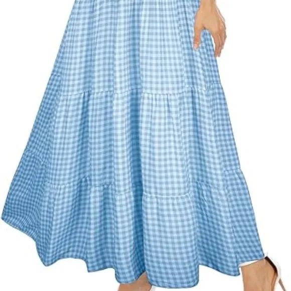 Vintage Retro Sky Blue Tiered Maxi Prairie Dress 50s 60s Gingham Plaid Long New