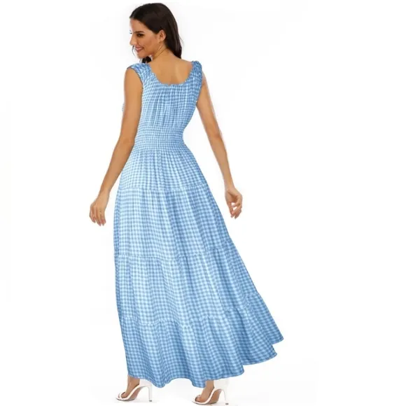 Vintage Retro Sky Blue Tiered Maxi Prairie Dress 50s 60s Gingham Plaid Long New