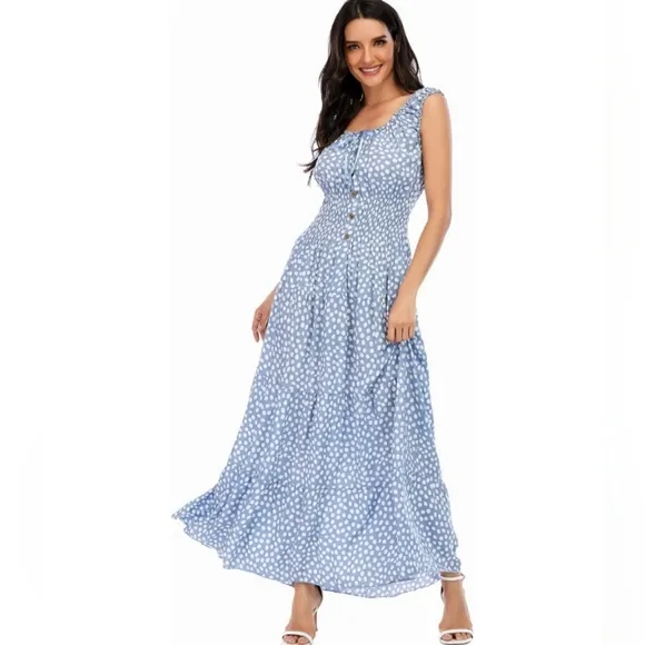 Vintage Retro Sky Blue Tiered Maxi Prairie Dress 50s 60s Gingham Plaid Long New
