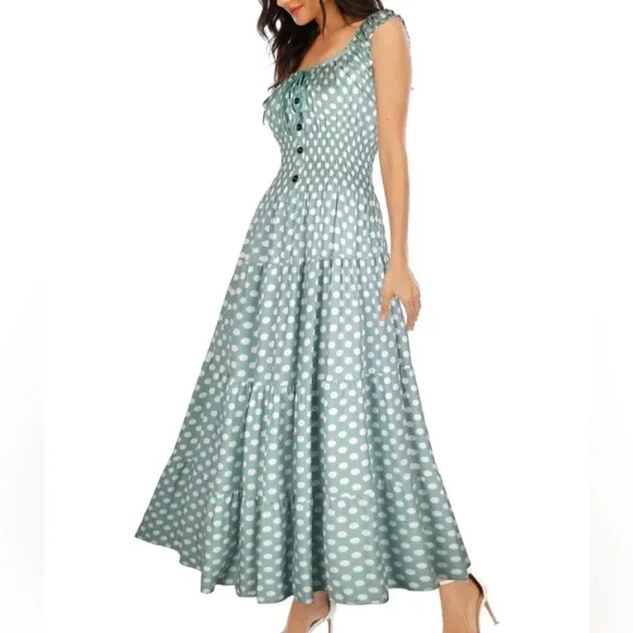 Vintage Retro Sky Blue Tiered Maxi Prairie Dress 50s 60s Gingham Plaid Long New
