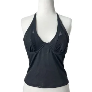 VINTAGE SHIMMER Mesh Halter Bustier Bra Top Sexy 36B Small Black Gold