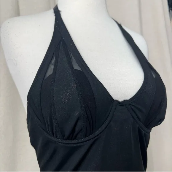 VINTAGE SHIMMER Mesh Halter Bustier Bra Top Sexy 36B Small Black Gold