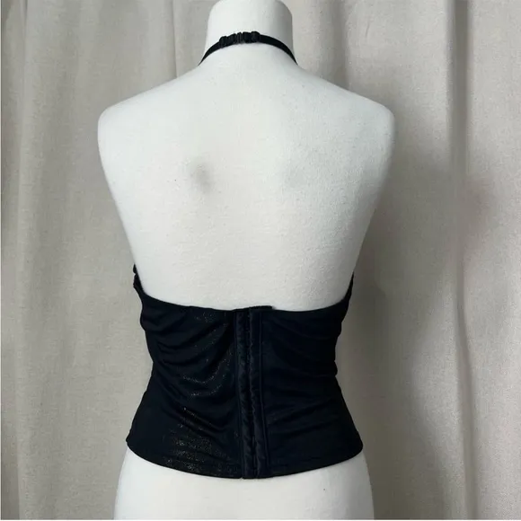 VINTAGE SHIMMER Mesh Halter Bustier Bra Top Sexy 36B Small Black Gold