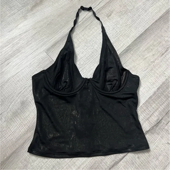 VINTAGE SHIMMER Mesh Halter Bustier Bra Top Sexy 36B Small Black Gold