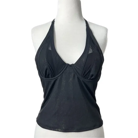 VINTAGE SHIMMER Mesh Halter Bustier Bra Top Sexy 36B Small Black Gold