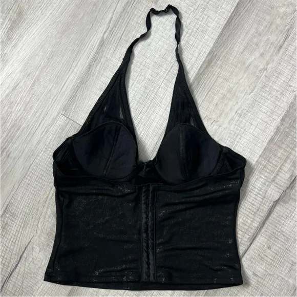 VINTAGE SHIMMER Mesh Halter Bustier Bra Top Sexy 36B Small Black Gold