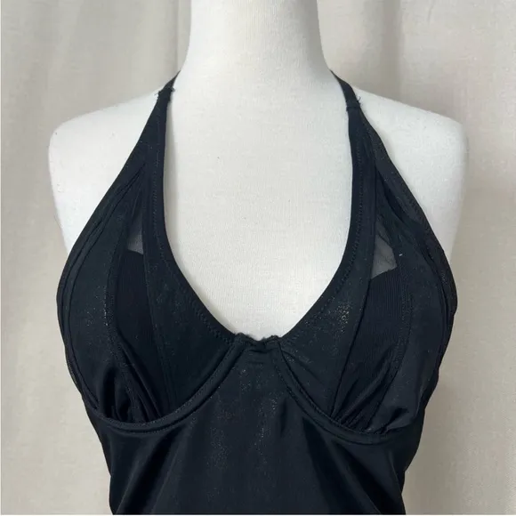 VINTAGE SHIMMER Mesh Halter Bustier Bra Top Sexy 36B Small Black Gold