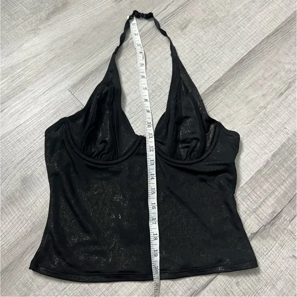 VINTAGE SHIMMER Mesh Halter Bustier Bra Top Sexy 36B Small Black Gold