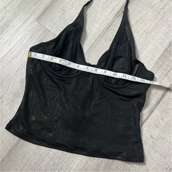 VINTAGE SHIMMER Mesh Halter Bustier Bra Top Sexy 36B Small Black Gold