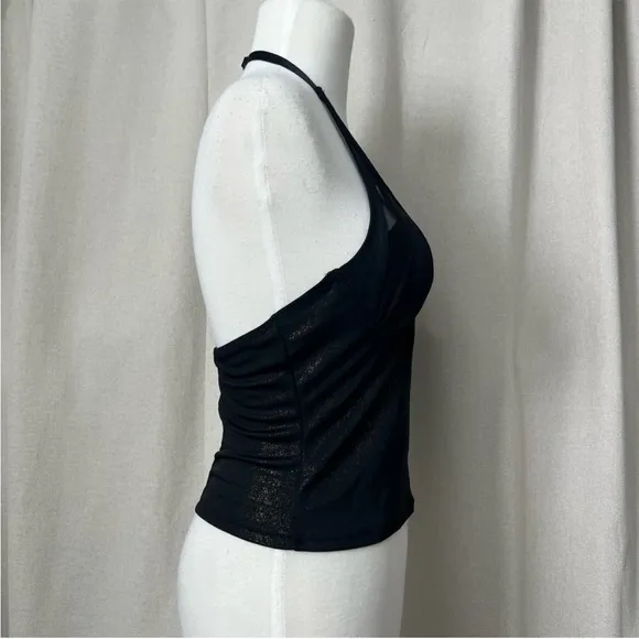 VINTAGE SHIMMER Mesh Halter Bustier Bra Top Sexy 36B Small Black Gold