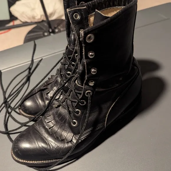 Vintage Size 6 1/2, Justin Lace Up Roper Boots, Black Smooth Leather.