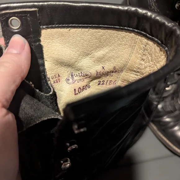Vintage Size 6 1/2, Justin Lace Up Roper Boots, Black Smooth Leather.