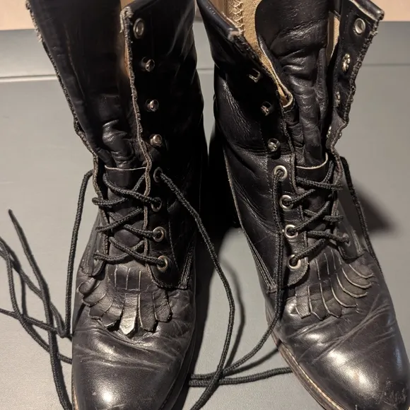 Vintage Size 6 1/2, Justin Lace Up Roper Boots, Black Smooth Leather.
