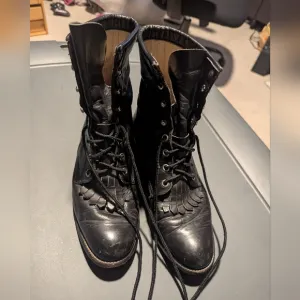 Vintage Size 6 1/2, Justin Lace Up Roper Boots, Black Smooth Leather.