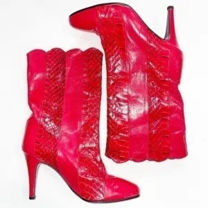 Vintage Snakeskin Leather Red Heeled Boots
