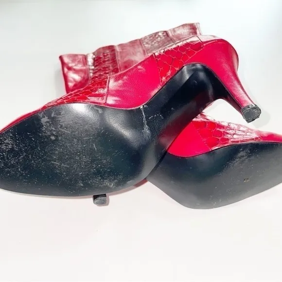 Vintage Snakeskin Leather Red Heeled Boots
